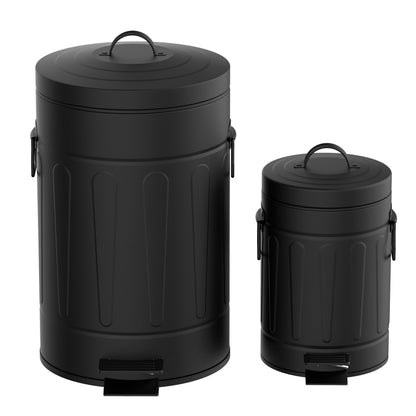 Innovaze 3.2 Gallon and 0.8 Gallon Round Step Bathroom and Office Black Metal Trash Can Set，Black